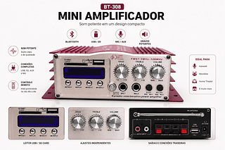 Mini Amplificador BT-308 com Bluetooth, Entradas USB/SD/AUX/Microfone, Rádio FM, Efeito Eco para Karaokê, Home Theater e Eventos