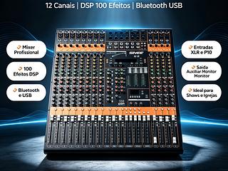 Mesa de Som Áudio Mixer SVEE G12, 12 Canais, DSP 100 Efeitos, Bluetooth, USB, Entrada P10 e XLR para Igrejas, Shows, Eventos