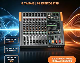 Mesa de Som KA8, 8 Canais, 256 Efeitos DSP, USB Bluetooth, Equalizador 7 Bandas, Phantom Power +48V para Eventos, Igrejas e Estúdio