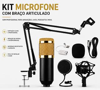 Kit Microfone Condensador Profissional com Braço Articulado, para Gravação, Podcast, Lives e Streaming