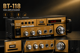 Mini Amplificador de Áudio BT-118, Bluetooth, 2 Canais, Entradas USB/SD/AUX/Microfone, Controle Remoto para Home Theater e Karaokê