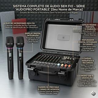 Sistema de Áudio Portátil Completo, Mixer Digital 6 Canais Integrado + 2 Microfones Sem Fio, Estojo Rígido para Shows, Eventos e Estúdio