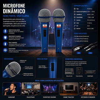 KIT COM 2 MICROFONES Par completo, perfeito para duplas e apresentações com duas pessoas.