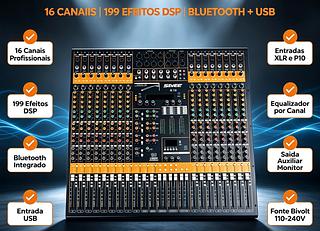 Mesa de Som Mixer SVEE G16, 16 Canais, 199 Efeitos DSP, Bluetooth e USB, Entradas XLR e P10 para Eventos, Igreja e Estúdio